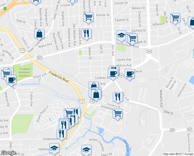 map of restaurants, bars, coffee shops, grocery stores, and more near 1403 Lindsay Avenue in Portsmouth