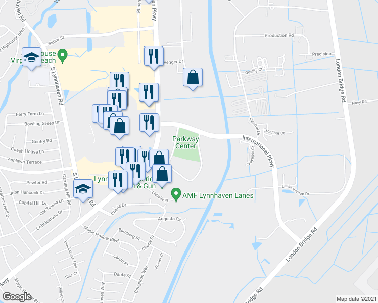 map of restaurants, bars, coffee shops, grocery stores, and more near 2697 International Parkway in Virginia Beach