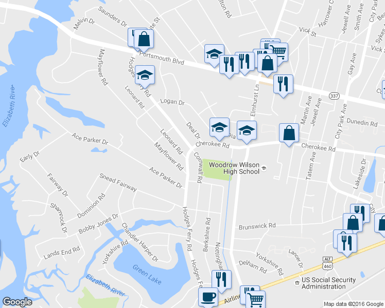map of restaurants, bars, coffee shops, grocery stores, and more near 400 Cornwall Road in Portsmouth
