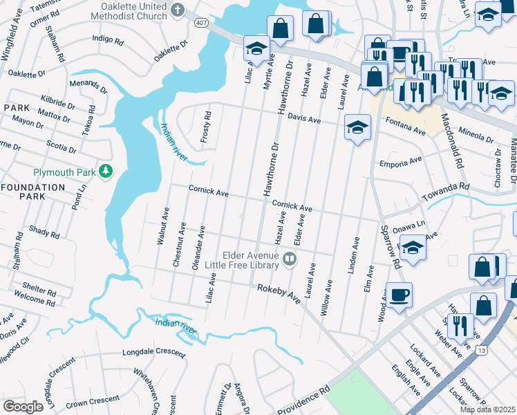 map of restaurants, bars, coffee shops, grocery stores, and more near 1407 Hawthorne Drive in Chesapeake