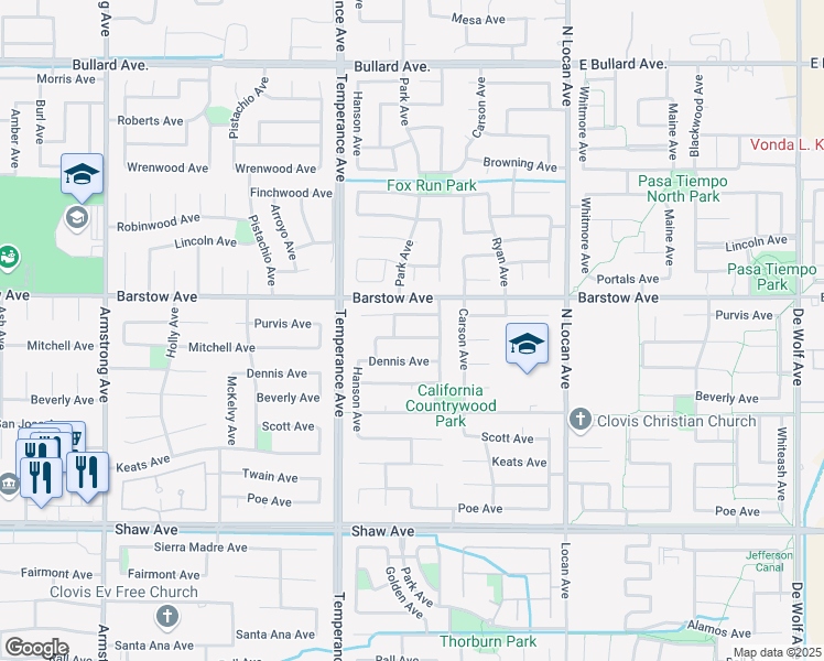 map of restaurants, bars, coffee shops, grocery stores, and more near 2723 Mitchell Avenue in Clovis