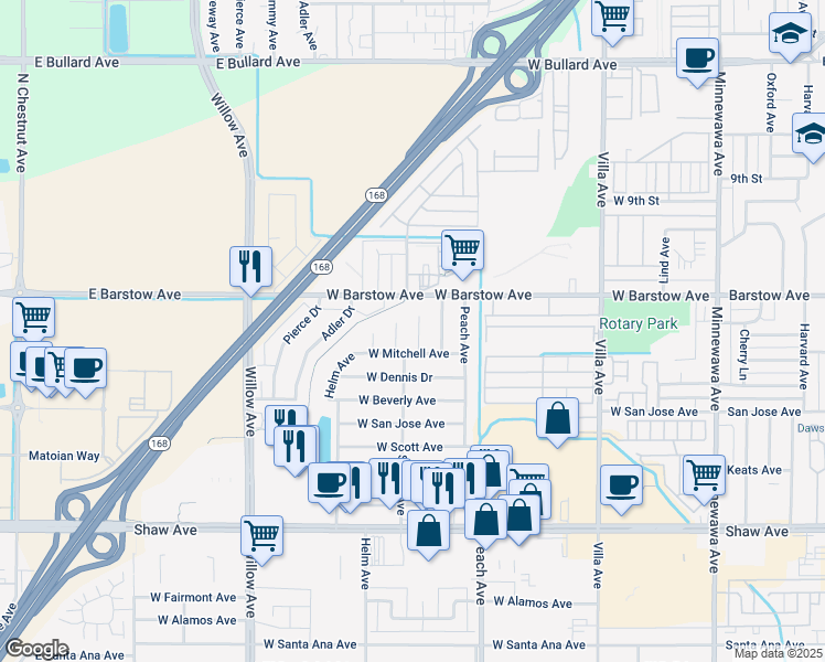 map of restaurants, bars, coffee shops, grocery stores, and more near 1324 Terry Avenue in Clovis