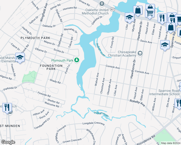 map of restaurants, bars, coffee shops, grocery stores, and more near 1419 Philmont Avenue in Chesapeake