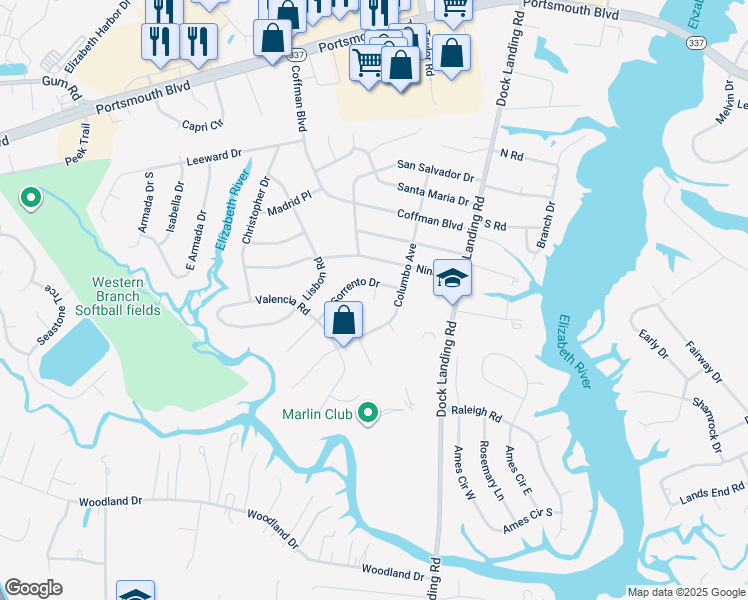 map of restaurants, bars, coffee shops, grocery stores, and more near 4000 Monaco Court in Chesapeake