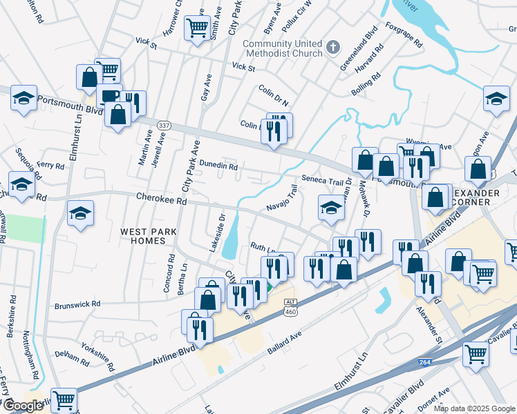 map of restaurants, bars, coffee shops, grocery stores, and more near 101 Navajo Trail in Portsmouth