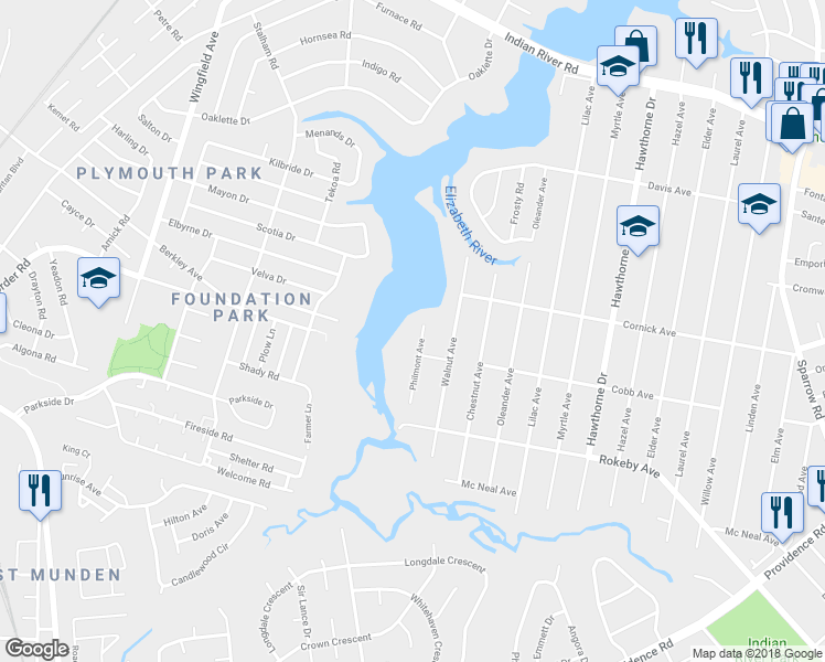 map of restaurants, bars, coffee shops, grocery stores, and more near 1419 Philmont Avenue in Chesapeake