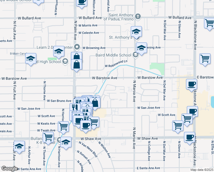 map of restaurants, bars, coffee shops, grocery stores, and more near 5338 North Colonial Avenue in Fresno