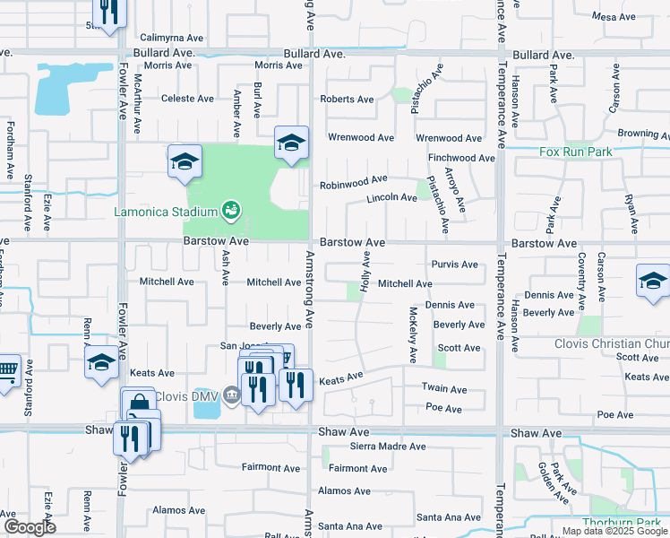 map of restaurants, bars, coffee shops, grocery stores, and more near 2244 Purvis Avenue in Clovis