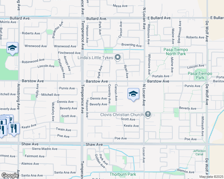 map of restaurants, bars, coffee shops, grocery stores, and more near 1343 Coventry Avenue in Clovis