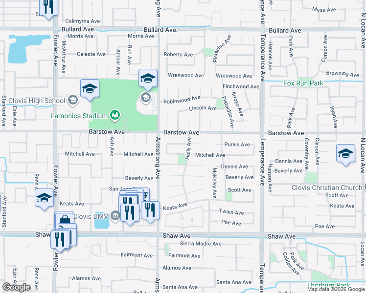 map of restaurants, bars, coffee shops, grocery stores, and more near 2275 Mitchell Avenue in Clovis