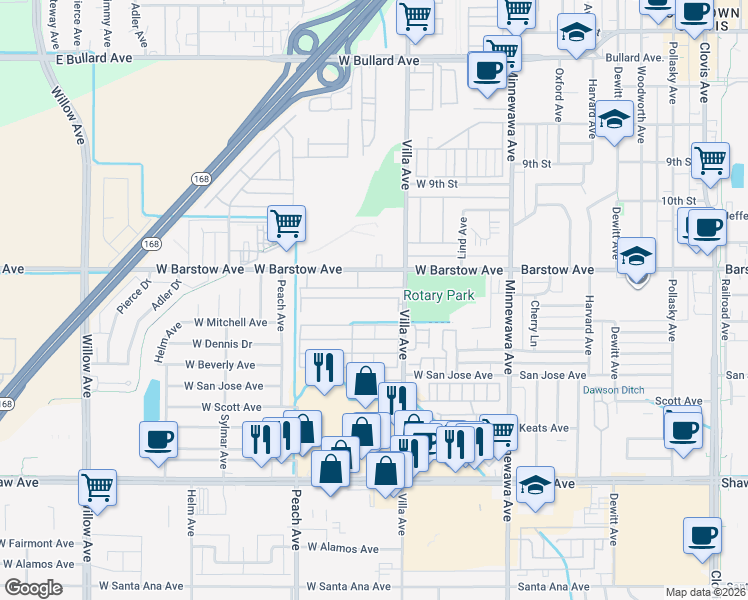 map of restaurants, bars, coffee shops, grocery stores, and more near 1272 Villa Avenue in Clovis