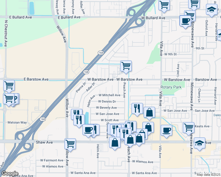 map of restaurants, bars, coffee shops, grocery stores, and more near 1324 Terry Avenue in Clovis