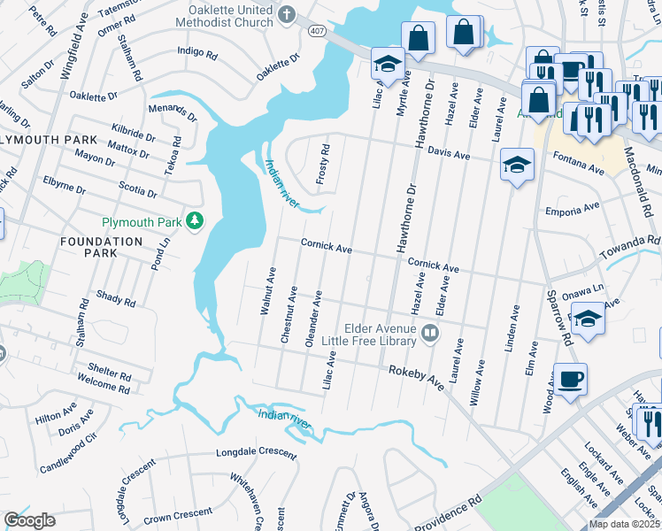 map of restaurants, bars, coffee shops, grocery stores, and more near 1412 Oleander Avenue in Chesapeake