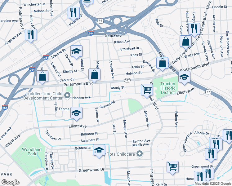 map of restaurants, bars, coffee shops, grocery stores, and more near a6 Maupin Court in Portsmouth