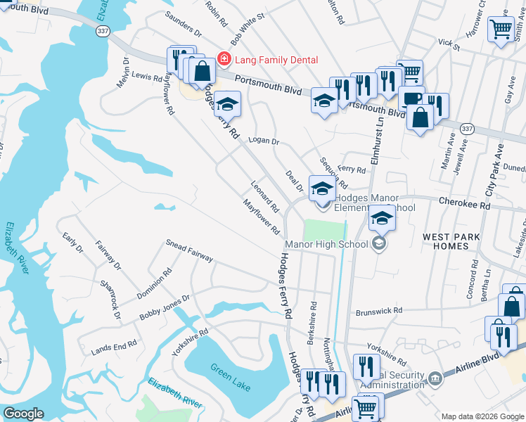 map of restaurants, bars, coffee shops, grocery stores, and more near 413 Mayflower Road in Portsmouth