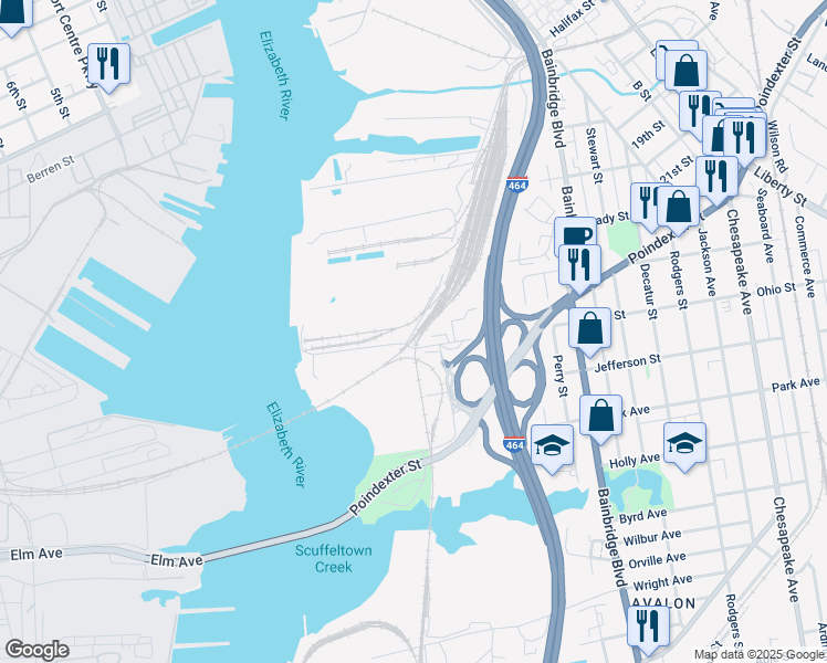 map of restaurants, bars, coffee shops, grocery stores, and more near Priority Lane in Chesapeake