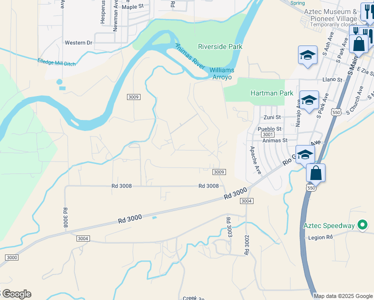map of restaurants, bars, coffee shops, grocery stores, and more near 35 Road 3009 in Aztec