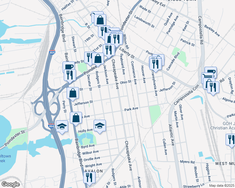 map of restaurants, bars, coffee shops, grocery stores, and more near 1230 Chesapeake Avenue in Chesapeake
