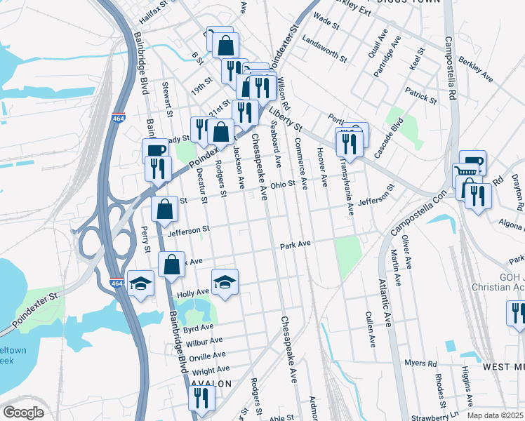 map of restaurants, bars, coffee shops, grocery stores, and more near 1230 Chesapeake Avenue in Chesapeake