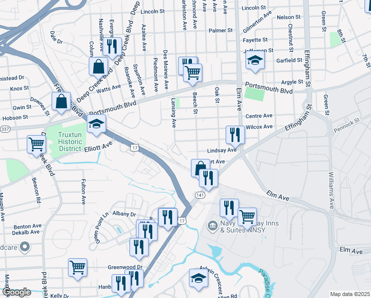 map of restaurants, bars, coffee shops, grocery stores, and more near 1520 Lindsay Avenue in Portsmouth