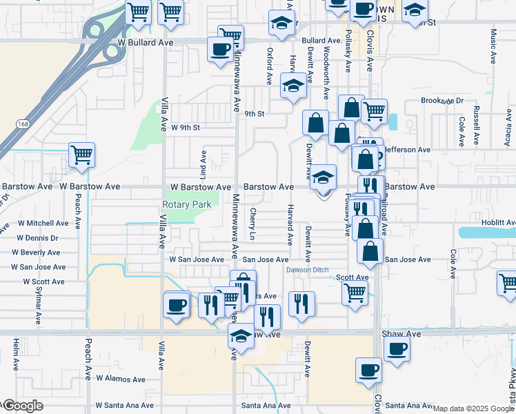 map of restaurants, bars, coffee shops, grocery stores, and more near 1305 Cherry Lane in Clovis