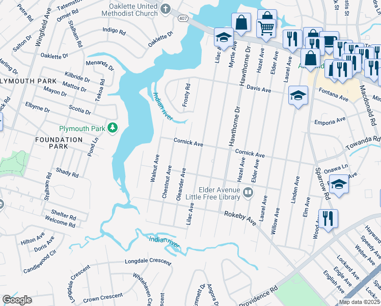 map of restaurants, bars, coffee shops, grocery stores, and more near 1412 Oleander Avenue in Chesapeake