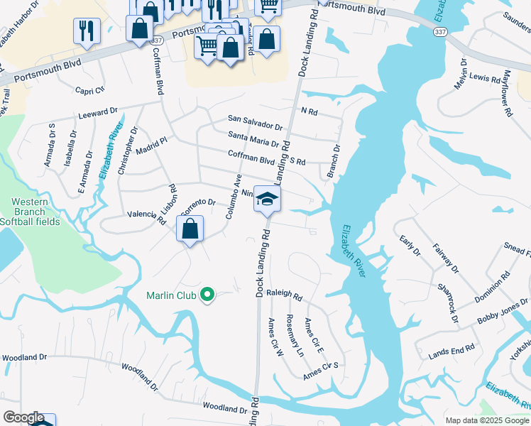 map of restaurants, bars, coffee shops, grocery stores, and more near 2036 Dock Landing Road in Chesapeake