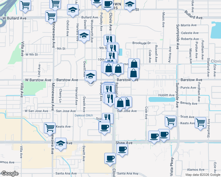 map of restaurants, bars, coffee shops, grocery stores, and more near 1348 Clovis Avenue in Clovis