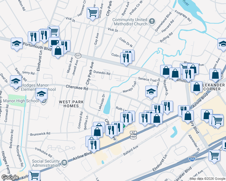 map of restaurants, bars, coffee shops, grocery stores, and more near 627 Cherokee Road in Portsmouth