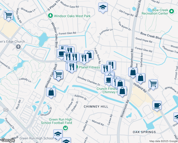 map of restaurants, bars, coffee shops, grocery stores, and more near 3627 Chimney Creek Drive in Virginia Beach