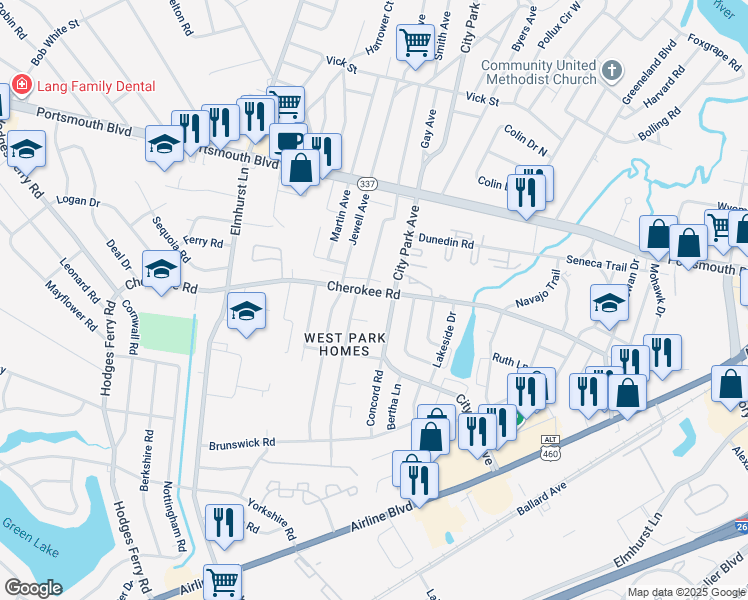 map of restaurants, bars, coffee shops, grocery stores, and more near 805 Cherokee Road in Portsmouth