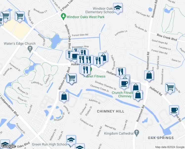 map of restaurants, bars, coffee shops, grocery stores, and more near 3716 Chimney Creek Drive in Virginia Beach