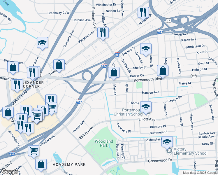 map of restaurants, bars, coffee shops, grocery stores, and more near 108 Cavalier Boulevard in Portsmouth