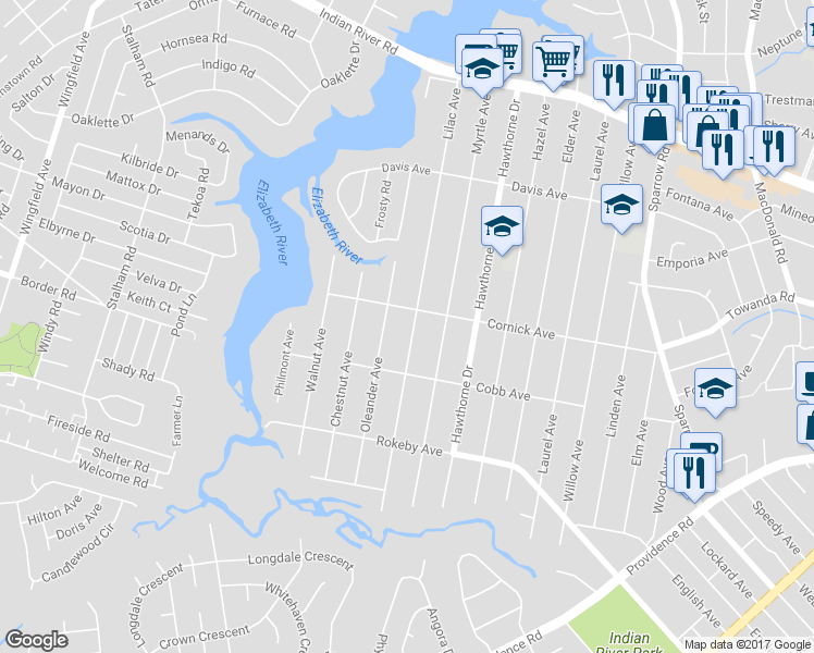 map of restaurants, bars, coffee shops, grocery stores, and more near 1407 Lilac Avenue in Chesapeake