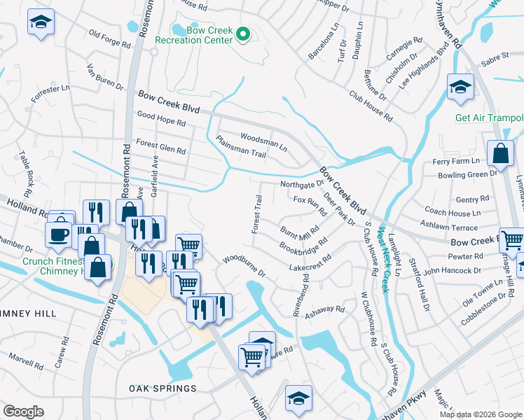 map of restaurants, bars, coffee shops, grocery stores, and more near 3332 Burnt Mill Road in Virginia Beach