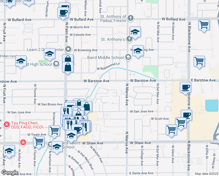 map of restaurants, bars, coffee shops, grocery stores, and more near 5312 North Colonial Avenue in Fresno