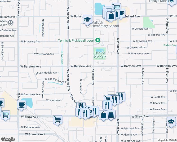map of restaurants, bars, coffee shops, grocery stores, and more near 5333 North Parrish Way in Fresno