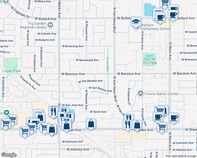 map of restaurants, bars, coffee shops, grocery stores, and more near 2527 West San Madele Avenue in Fresno