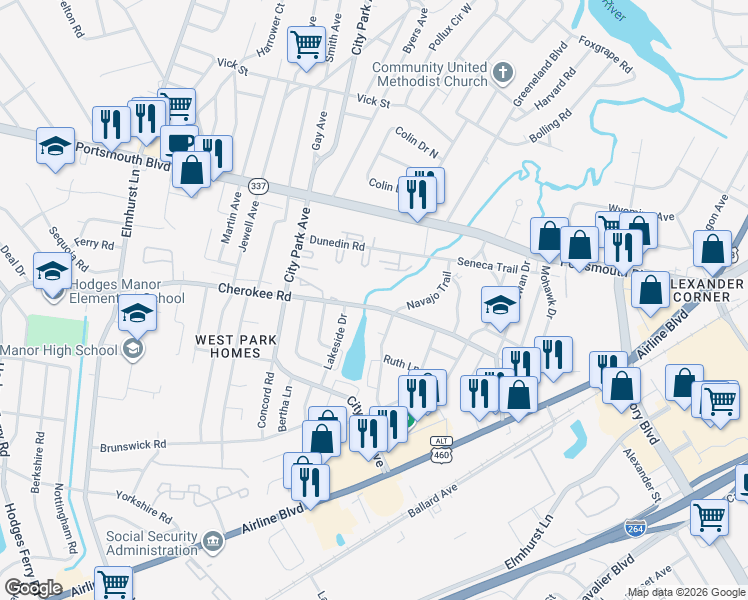 map of restaurants, bars, coffee shops, grocery stores, and more near 627 Cherokee Road in Portsmouth