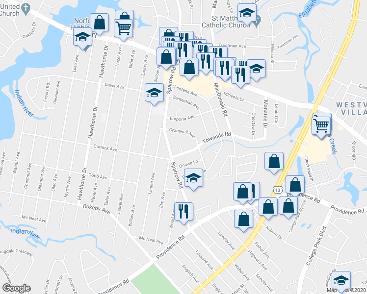 map of restaurants, bars, coffee shops, grocery stores, and more near 1302 Towanda Court in Chesapeake