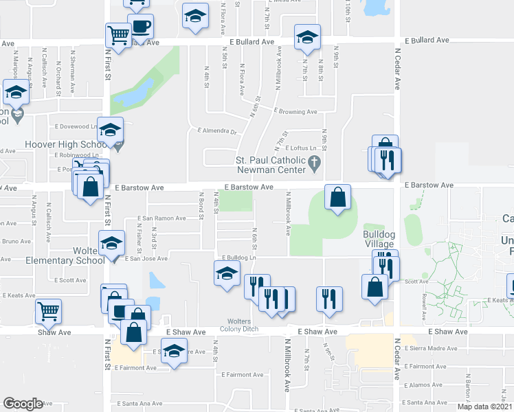 map of restaurants, bars, coffee shops, grocery stores, and more near 5352 North 6th Street in Fresno