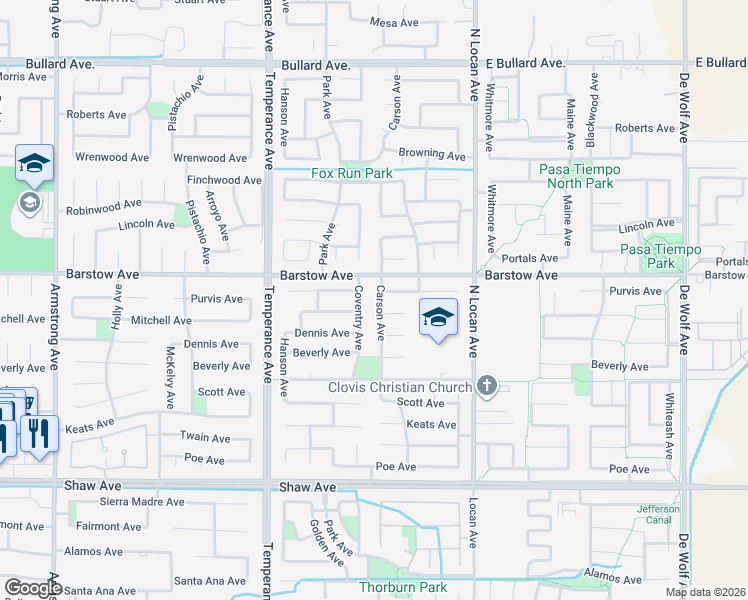 map of restaurants, bars, coffee shops, grocery stores, and more near 1282 Carson Avenue in Clovis