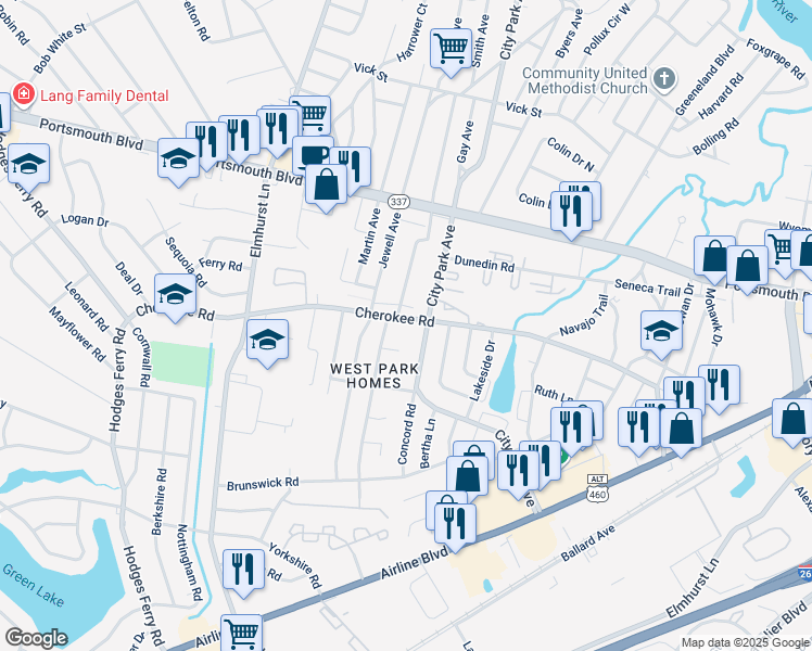 map of restaurants, bars, coffee shops, grocery stores, and more near 805 Cherokee Road in Portsmouth