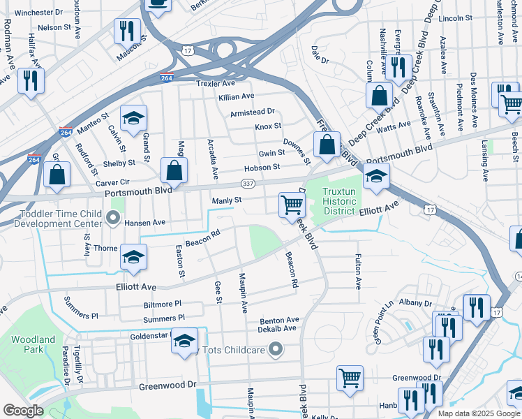 map of restaurants, bars, coffee shops, grocery stores, and more near 55 Pennock Street in Portsmouth