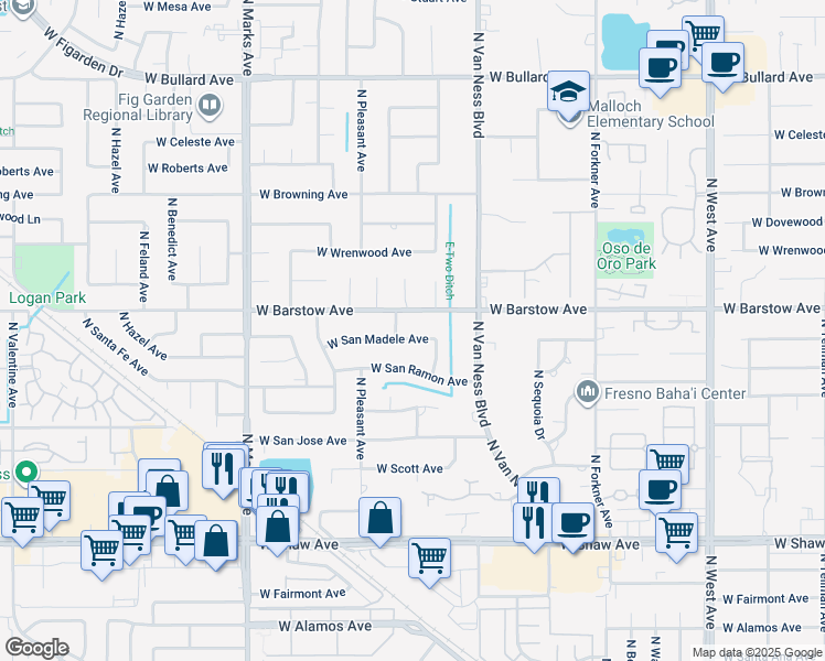 map of restaurants, bars, coffee shops, grocery stores, and more near 2527 West San Madele Avenue in Fresno