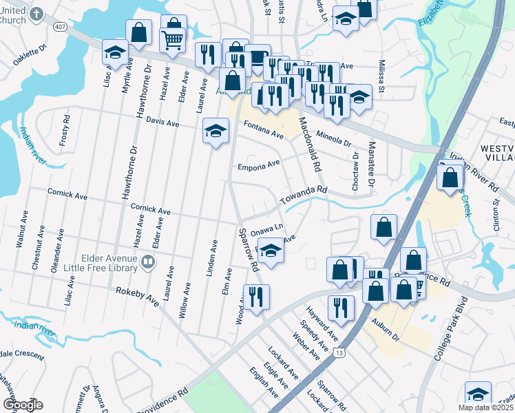 map of restaurants, bars, coffee shops, grocery stores, and more near 1302 Towanda Court in Chesapeake