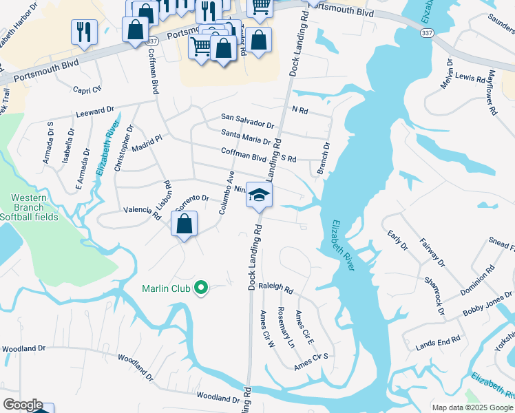 map of restaurants, bars, coffee shops, grocery stores, and more near 2036 Dock Landing Road in Chesapeake
