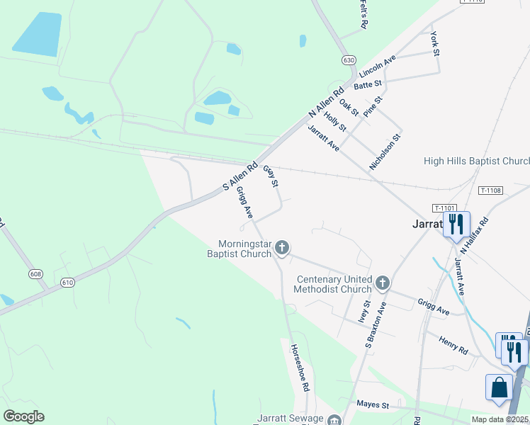 map of restaurants, bars, coffee shops, grocery stores, and more near 355 Gray Street in Jarratt