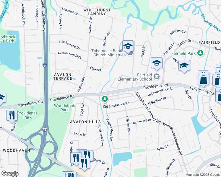 map of restaurants, bars, coffee shops, grocery stores, and more near 5661 Gates Landing Road in Virginia Beach