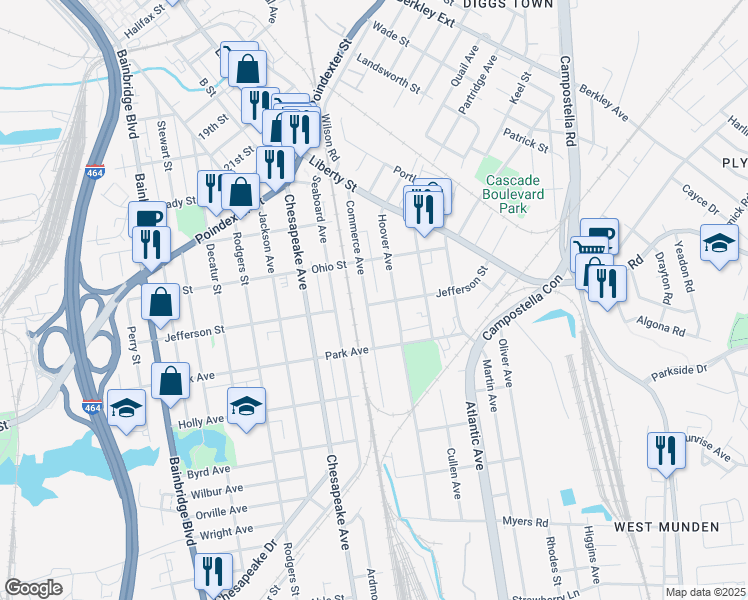 map of restaurants, bars, coffee shops, grocery stores, and more near 1301 Commerce Avenue in Chesapeake